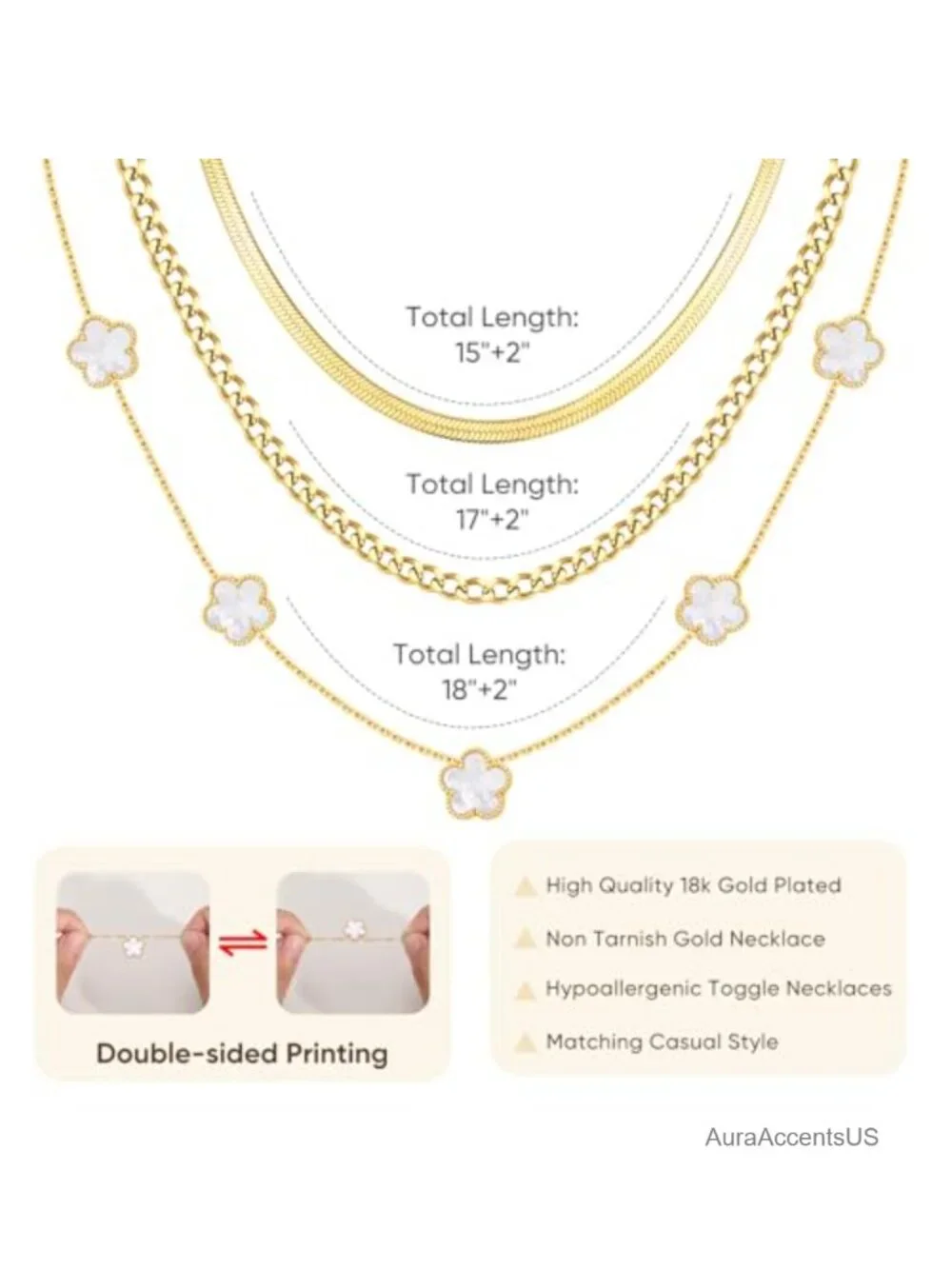 3Pcs 18K Gold Plated Layered Necklace Set, Stainless Steel Cuban Link